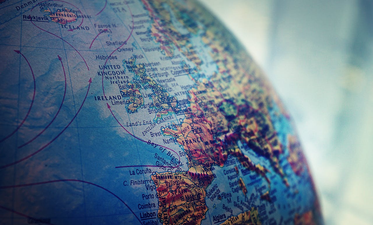gallery-5 Detailed close-up of a globe showing parts of Europe and the Atlantic Ocean.