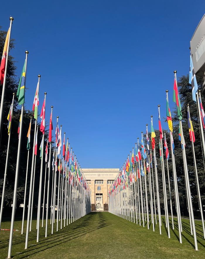gallery-1 Flags outside the United Nations Office in Geneva under a clear blue sky.