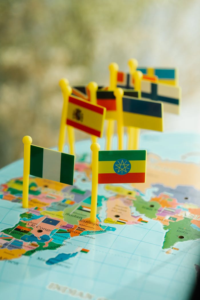 why-choose-us Close-up of small flags marking countries on a colorful world map.